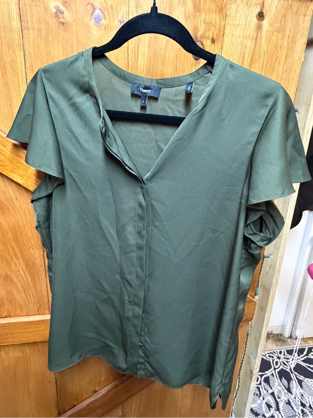 Theory Olive V-Neck Flutter Sleeve Blouse